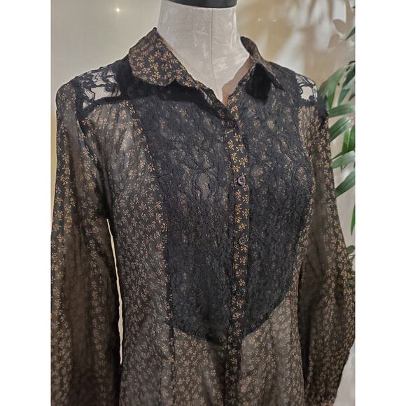 Free People All that Glitters Sheer Lace Blouse Size M Black Whimsigoth ASO TV - Picture 6 of 11